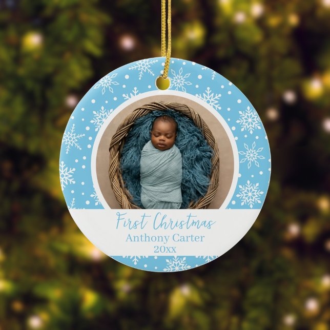 Snowflake Baby's First Christmas Ceramic Ornament (Custom Snowflake Photo Ornament)