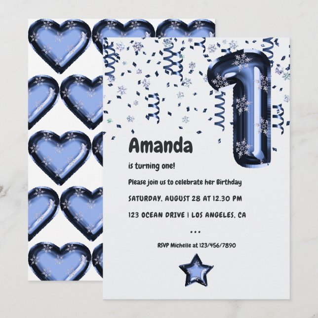 Snowflake Balloon 1st Birthday Party Invitation (Front/Back)