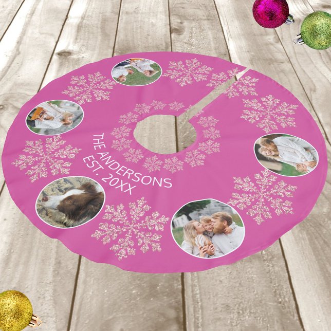 Snowflake Berry Bling Colourful 5 Photo Christmas Brushed Polyester Tree Skirt (Add your 5 photos to this pink snowflake and dark berry pink tree skirt for a fun Christmas look)