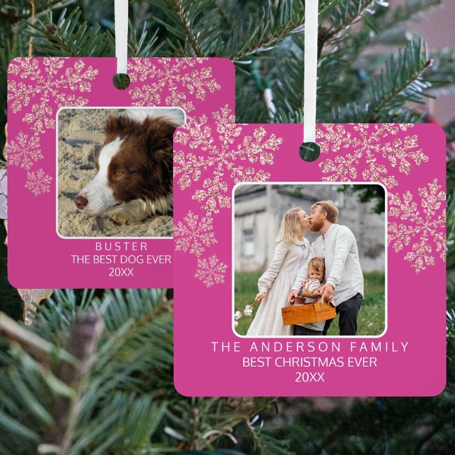 Snowflake Berry Bling Elegant 2 Photo Christmas Metal Ornament (Personalized 2 photo Christmas ornaments in trendy pink are perfect for gifting)