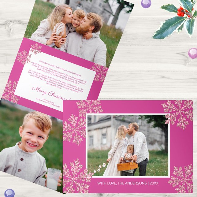Snowflake Berry Bling Elegant 5 Photo Collage Tri-Fold Holiday Card (Showcase 5 of your favorite photos in these personalized Christmas Cards)