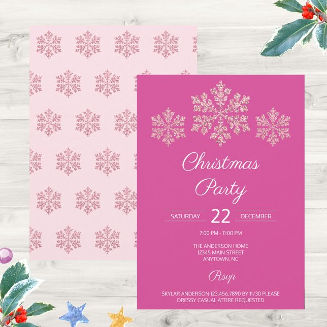 Snowflake Berry Bling Elegant Festive Christmas (Christmas color trend of pink plus faux sparkle snowflakes equals elegant holiday party invitations)