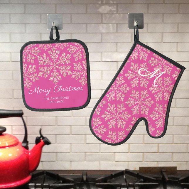 Snowflake Berry Bling Monogrammed Christmas Oven Mitt & Pot Holder Set (Add some holiday fun with this personalized pot holder and oven mitt set - great as Christmas gifts!)