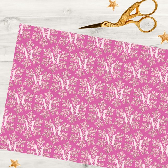 Snowflake Berry Bling Rustic Pattern Monogram Tissue Paper (Add this dark pink and faux glitter snowflake tissue paper to your Christmas gift wrapping supplies)