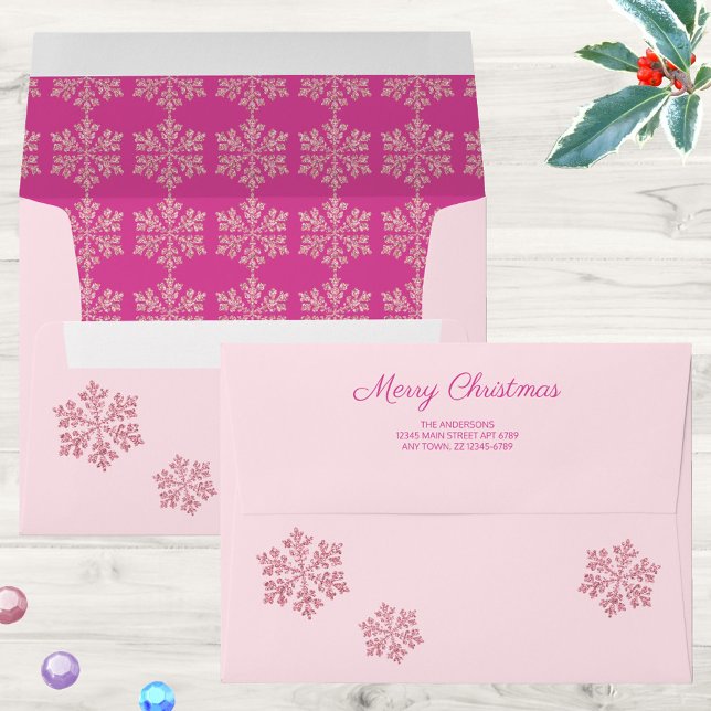 Snowflake Berry Bling Rustic Sparkle Christmas Envelope (Custom envelopes with faux sparkle pink snowflakes on the surprise of deep berry pink inside)