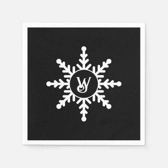Snowflake Black and White Monogrammed Christmas Napkin (Front)