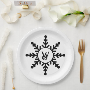 Snowflake Black and White Monogrammed Christmas Pa Paper Plate