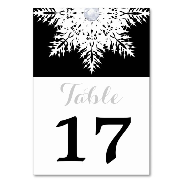Snowflake black, white winter wedding table number (Front)