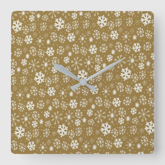 Snowflake Blizzard With Golden Background Square Wall Clock (Front)