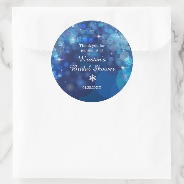 Snowflake Blue Bokeh Winter Bridal Shower Thanks Classic Round Sticker (Bag)