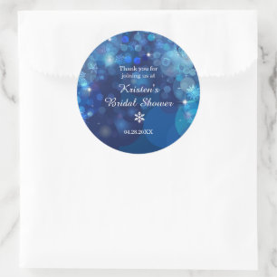 Snowflake Blue Bokeh Winter Bridal Shower Thanks Classic Round Sticker