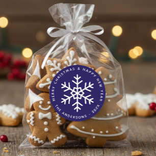 Snowflake Blue Merry Christmas & Happy New Year  Classic Round Sticker