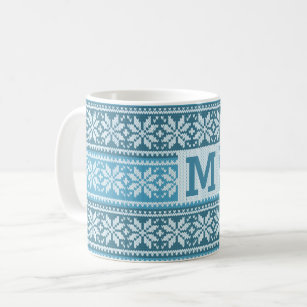 Snowflake Blue Nordic Faux Knit Sweater Monogram Coffee Mug