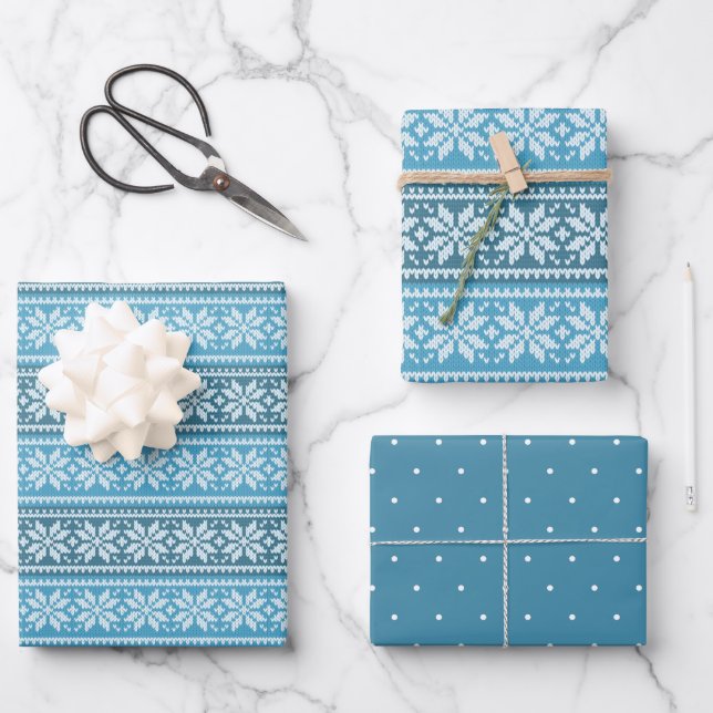 Snowflake Blue Nordic Faux Knit Sweater Wrapping Paper Sheet (Front)