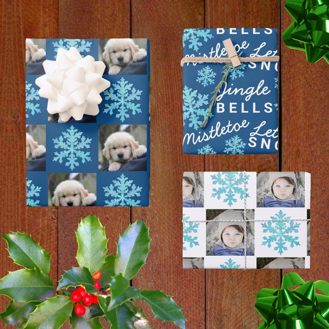 Snowflake Blue Opal Christmas 2 Photo Typography Wrapping Paper Sheet (Creator Uploaded)