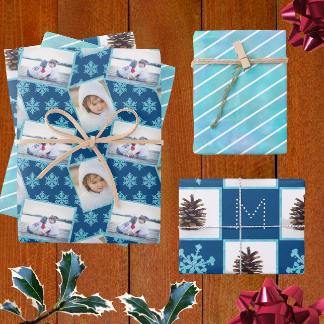 Snowflake Blue Opal Pinstripes 3 Photo Christmas Wrapping Paper Sheet (Creator Uploaded)