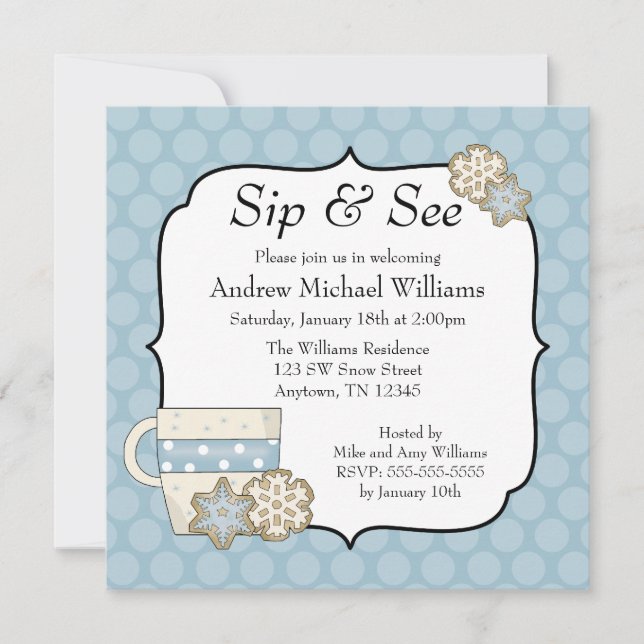 Snowflake Blue Polka Dot Sip and See Invitation (Front)