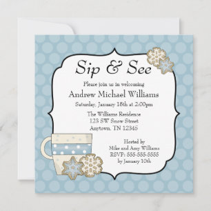 Snowflake Blue Polka Dot Sip and See Invitation