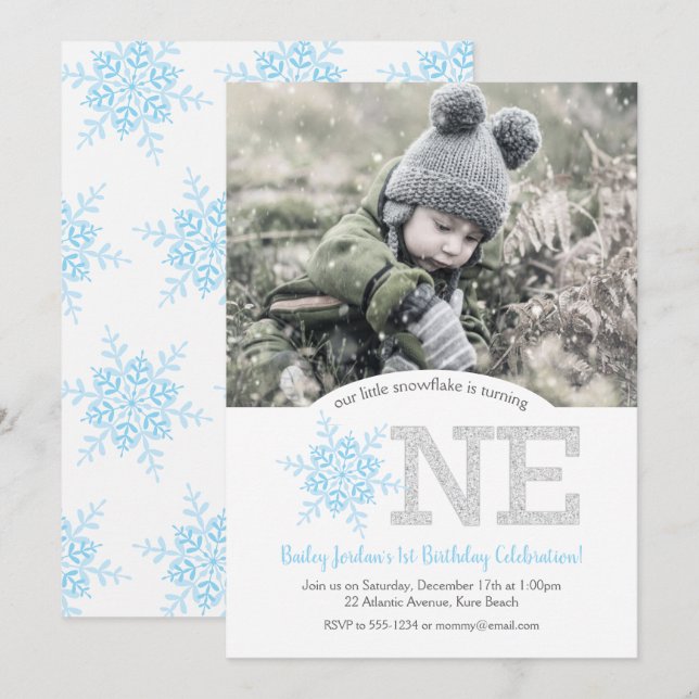 Snowflake Blue & Silver Glitter 1st Birthday Photo Invitation (Front/Back)