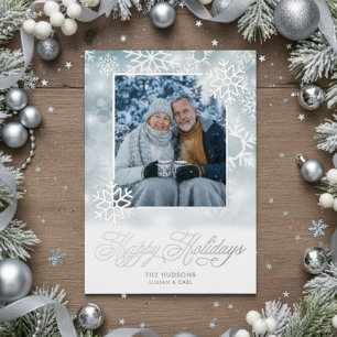 Snowflake Blue & White Photo Happy Holidays Foil Holiday Card