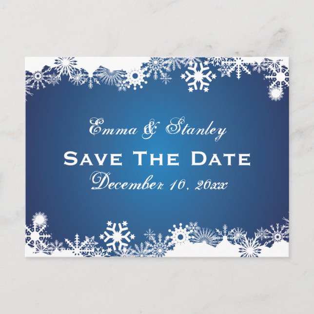 Snowflake blue white winter wedding Save the Date Announcement Postcard (Front)