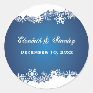 Snowflake blue white winter wedding Save the Date Classic Round Sticker