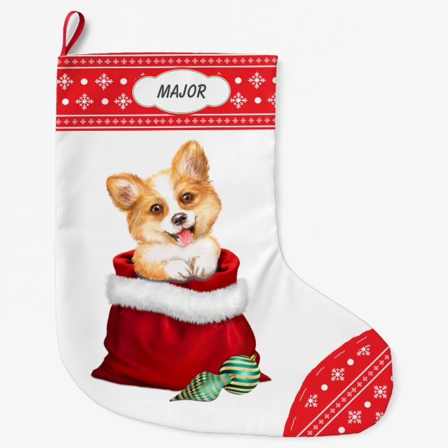 Snowflake Border Corgi Dog Gift Surprise Large Christmas Stocking (Front)