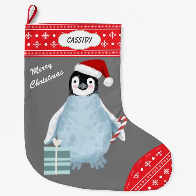 Snowflake Border Cute Penguin Candy Cane Large Christmas Stocking (Front)