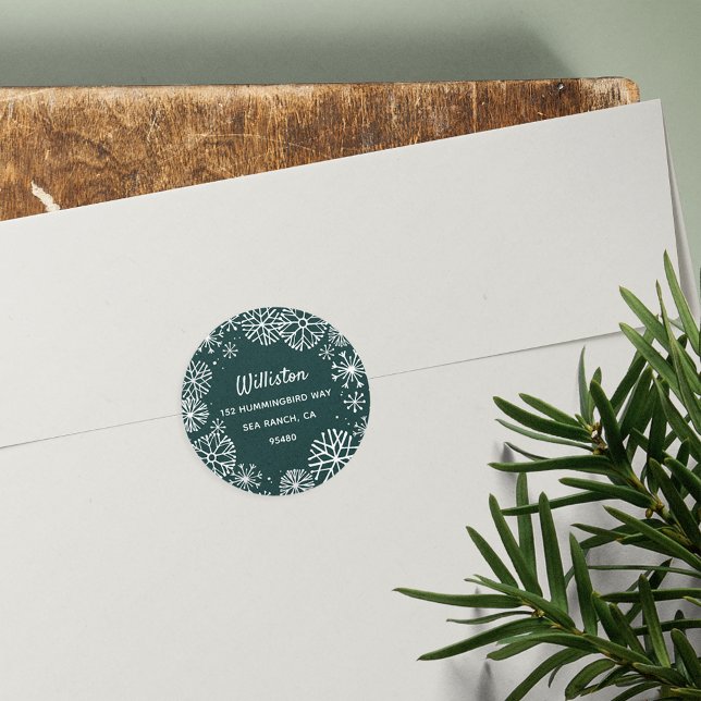 Snowflake Border Holiday Return Address Classic Round Sticker (Creator Uploaded)