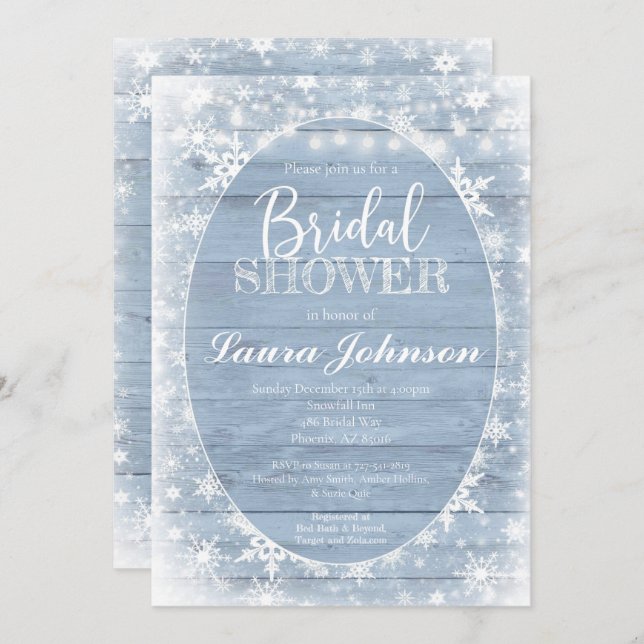 Snowflake Bridal Shower, Rustic Winter Bridal Invitation (Front/Back)