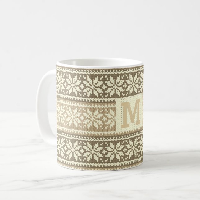 Snowflake Brown Nordic Faux Knit Sweater Monogram  Coffee Mug (Front Left)