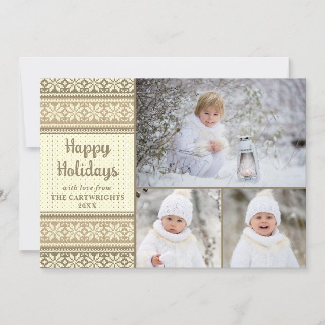 Snowflake Brown Sweater 3 Photos Custom Greeting H Holiday Card (Front)