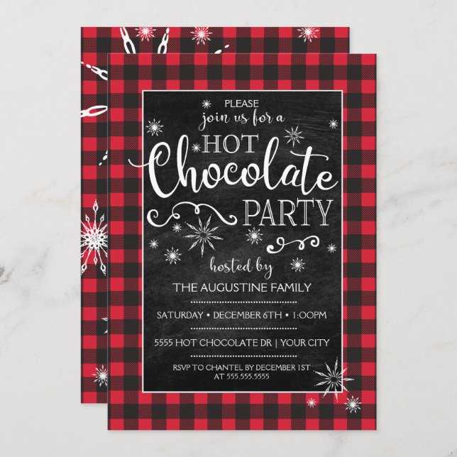 Snowflake & Buffalo Plaid Hot Chocolate Invitation (Front/Back)