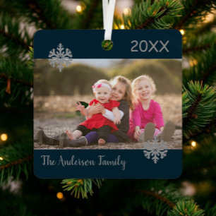 Snowflake Christmas Family Photo Metal Ornament