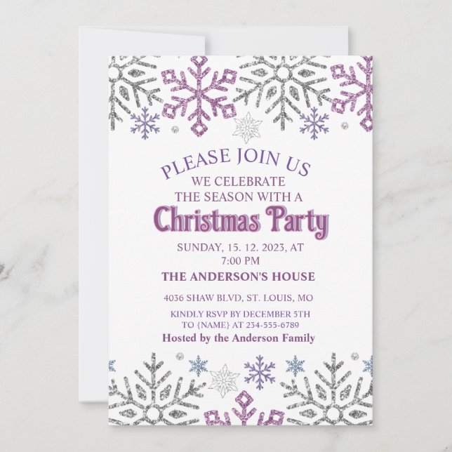 Snowflake Christmas Purple Silver Invitation (Front)