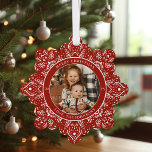 Snowflake Christmas Red Round Photo Ornament Card<br><div class="desc">Christmas Card Ornaments are finally here; create a keepsake with photo and text to mail to your loved ones; colour of the snowflake pattern and the background are editable</div>