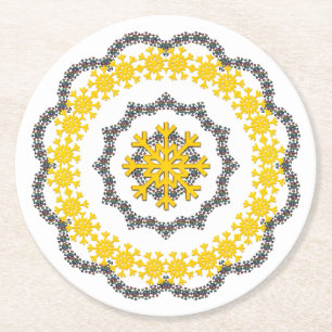 Snowflake Circle Holiday Gold RedGreen White Lacey Round Paper Coaster