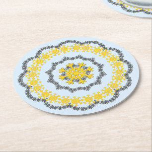 Snowflake Circle Holiday Lacey Gold on Blue Round Paper Coaster