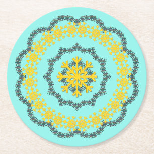 Snowflake Circle Holiday Lacey Gold on Green Round Paper Coaster
