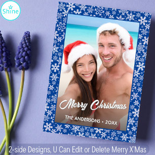 Snowflake Custom Photo 2 Side Design Elegant Blue Holiday Card
