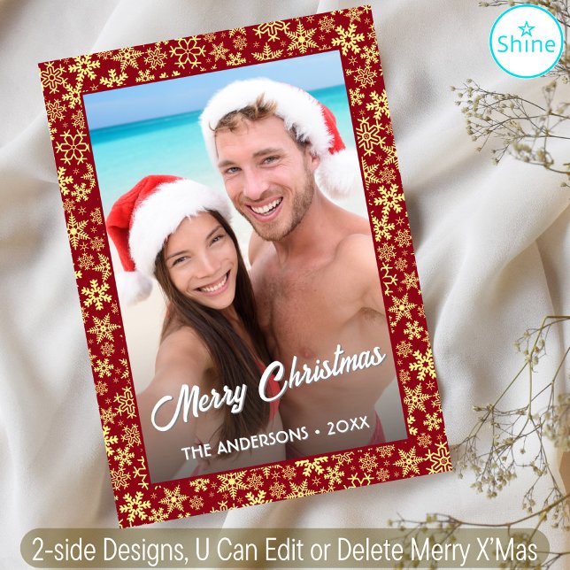 Snowflake Custom Photo Christmas Red 2 Side Design Holiday Card (Creator Uploaded)