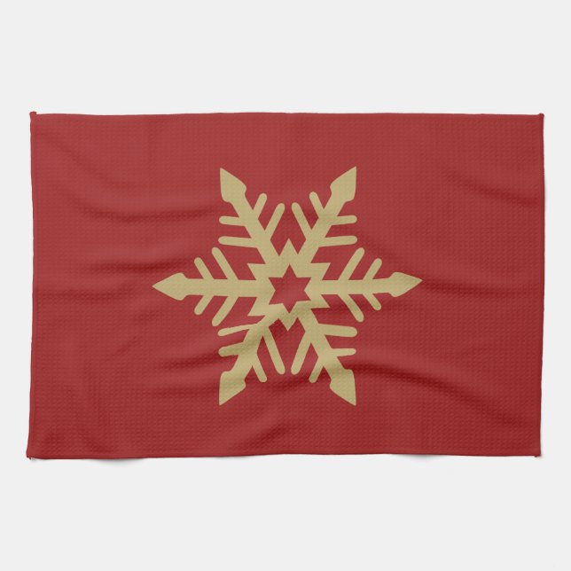 Snowflake Design Gold on Red Kitchen Towel (Horizontal)