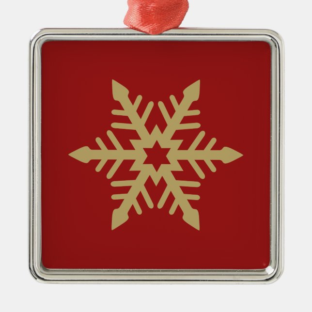Snowflake Design Gold on Red Metal Ornament (Front)