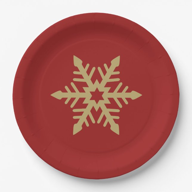 Snowflake Design Gold on Red Paper Plate (Front)