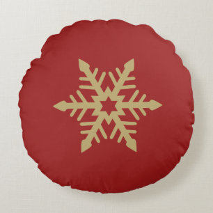 Snowflake Design Gold on Red Round Pillow