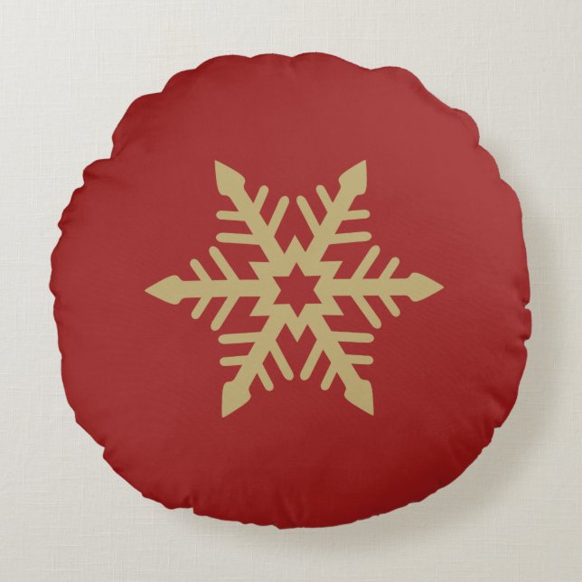 Snowflake Design Gold on Red Round Pillow (Front)