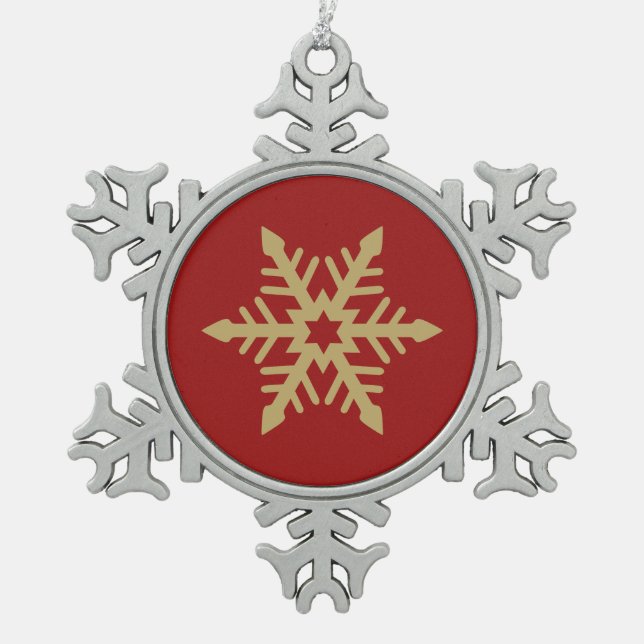 Snowflake Design Gold on Red Snowflake Pewter Christmas Ornament (Front)