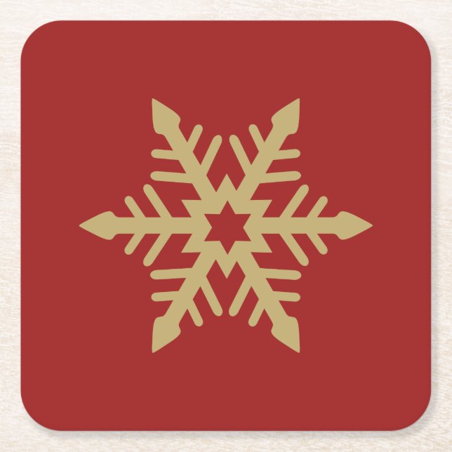 Snowflake Design Gold on Red Square Paper Coaster (Front)
