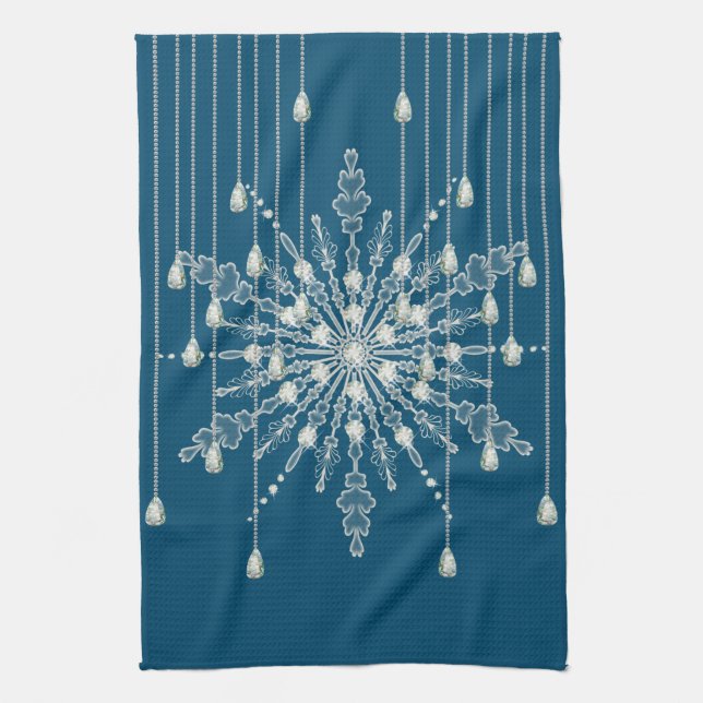 Snowflake diamond elegant winter blue grey kitchen towel (Vertical)