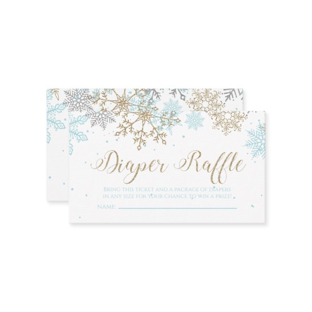 Snowflake Diaper Raffle Blue Gold Glitter Enclosure Card (Front/Back In Situ)